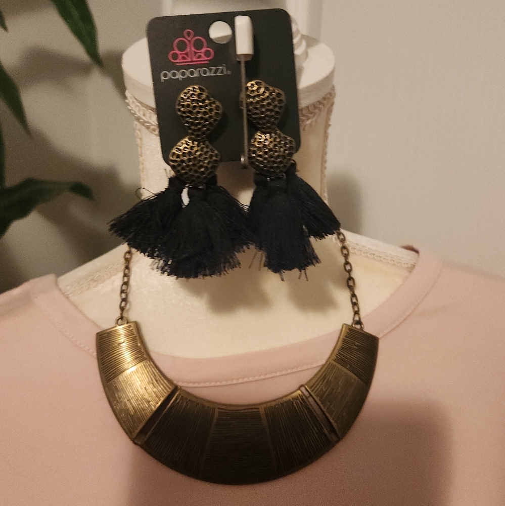 Brass With Black Fringe Necklace And Matching Earrings With Fringe